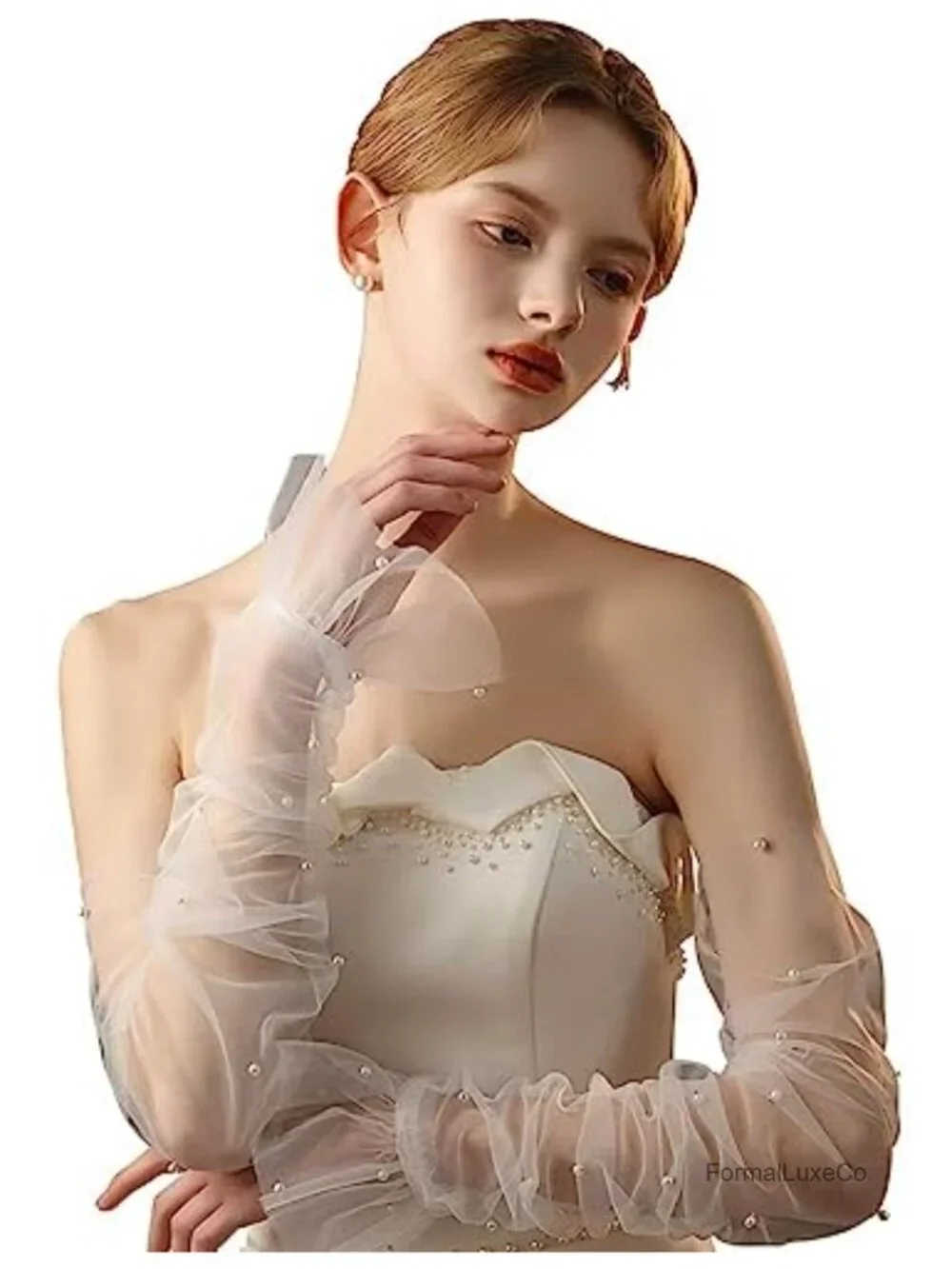 Women's Long Fingerless Bridal Wedding Tulle Pearl Opera Gloves